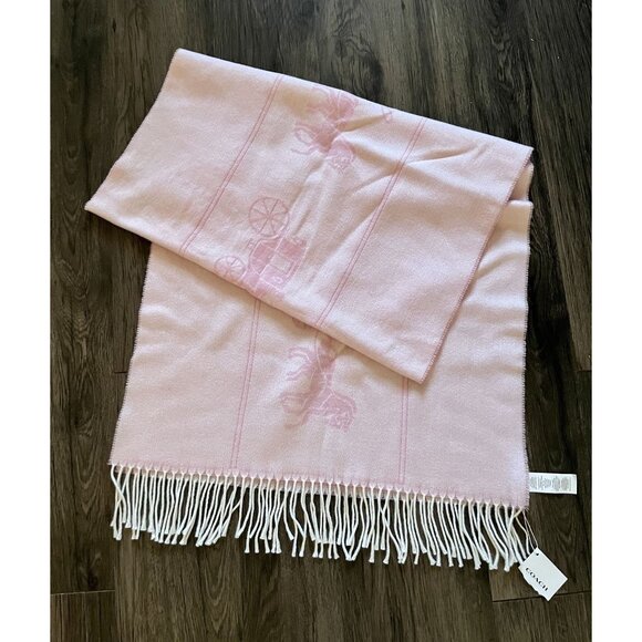 New Coach Horse and Carriage Wool Cashmere PInk Fringe Oversized Scarf Italian - Picture 1 of 5